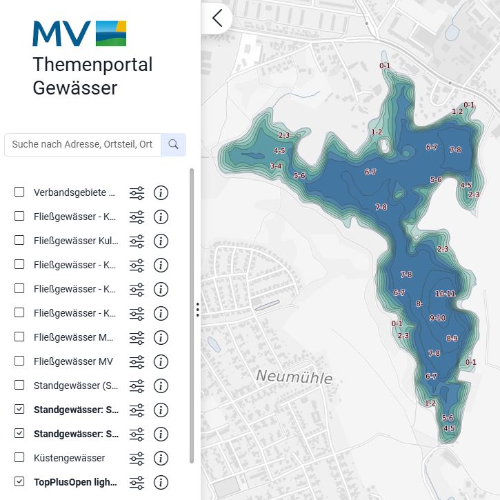 Logo: Visualisierung und Download Tiefenkarten der Seen MV (Themenportal Gewässer)